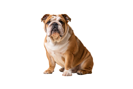 English bulldog with tan and white coat sitting upright in formal pose, isolated on a transparent background