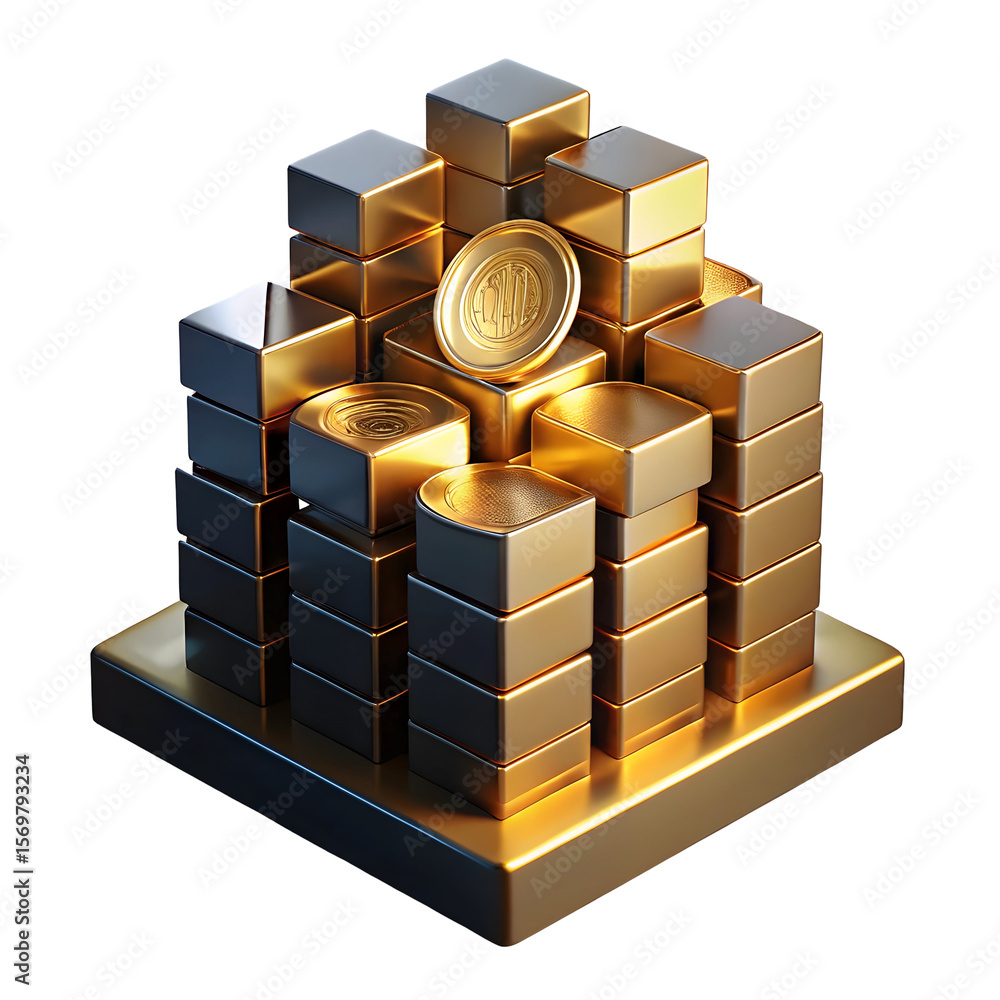 Poster stacked gold cubes and coin with glowing light on black background isolated on a transparent backgro