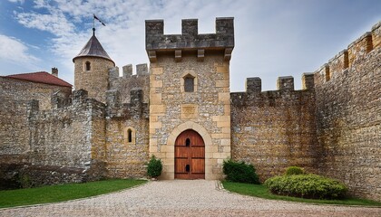 Obraz premium pixelated medieval castle walls and accessories with stone door entrance