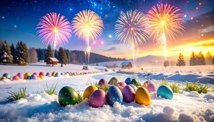 Colorful Easter Eggs in Snowy Landscape with Fireworks Display