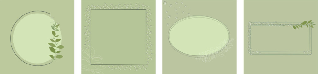 Eco botanical frame set with leaves and water drops on editable background, minimalist nature design in green tones — square, circle, oval and rectangular layouts