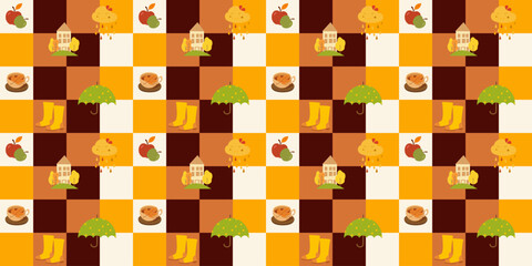 Seamless autumn pattern with umbrella, apples, house, boots and warm tea on colorful checkerboard background