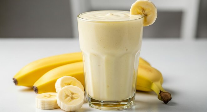 a banana milkshake in a glass together with fresh ripe bananas