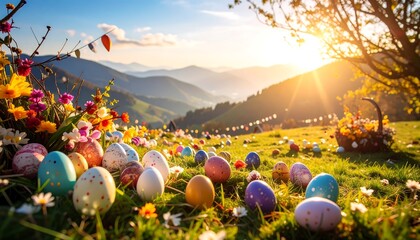 Colorful Easter Eggs Scattered on Sunny Green Hillside with Flowers