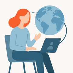 Flat Style Woman Thinking About Global Connection Using Laptop Illustration