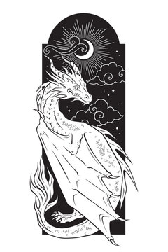 Dragon folklore magic animal over night sky with crescent moon and stars hand drawn line art gothic tattoo design isolated vector illustration
