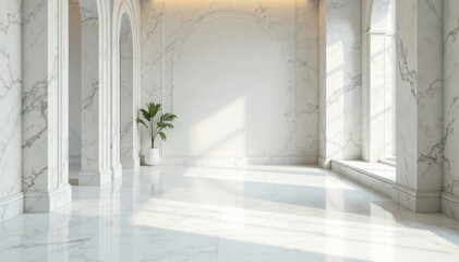 Elegant marble tile floor, pristine white walls , polished, geometric