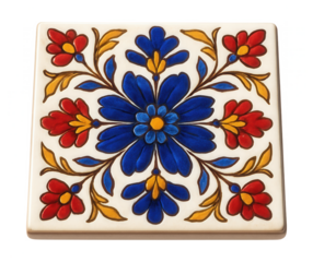 A ceramic tile trivet with hand-painted designs, perfect for adding a colorful touch to a dining room in a townhouse.