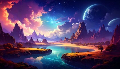 Colorful Fantasy Landscape with Mountains, Water, and Planets at Night