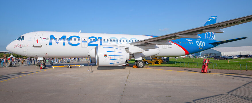 ZHUKOVSKY, RUSSIA - AUGUST 30, 2019: Russian medium-haul passenger aircraft MS-21-300 (tail number 7531) at the MAKS-2019 air show. Side view