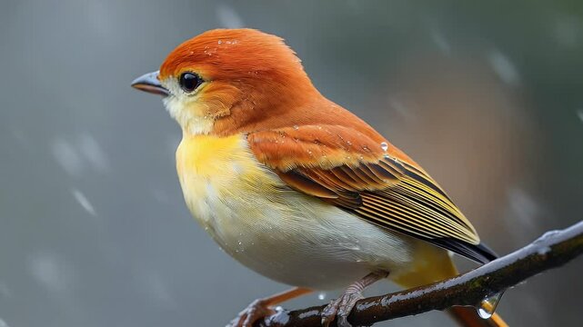 Vibrant Rufous-Bellied Niltava Bird Perched on Branch in Rain - Nature Close-Up