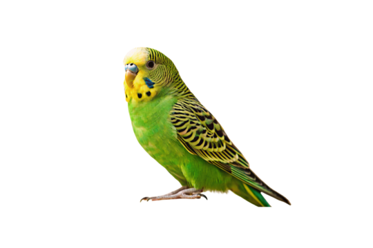 Green budgerigar parakeet perched with yellow head and black striped wing markings displaying, isolated on a transparent background