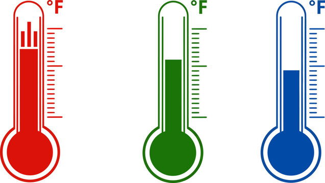 Temperature thermometers showing hot cold and moderate weather forecast in fahrenheit scale icon set vector