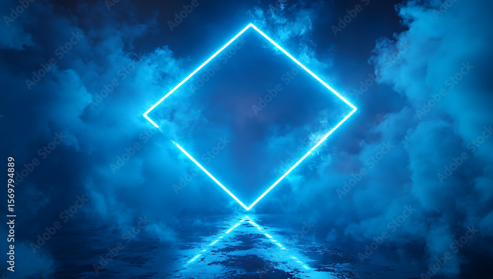 Aufkleber an abstract, illuminated neon blue square frame with a glow on a dark background, and glowing light 