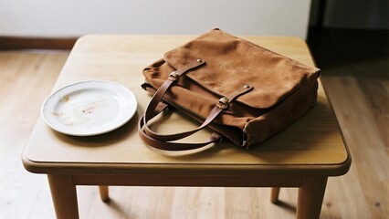 a worn, vintage leather briefcase or satchel, open on a wooden table, revealing its contents including papers, documents, and a cup of coffee or tea