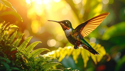 Colorful Hummingbird Flying in Golden Sunlight Among Lush Green Tropical Plants