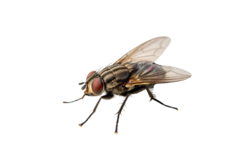 Large house fly with transparent wings and reddish eyes captured in detailed close-up, isolated on a transparent background