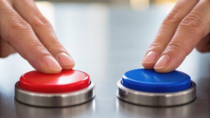 Two hands hovering over a red and blue button, suggesting a decision-making moment or a game scenario.