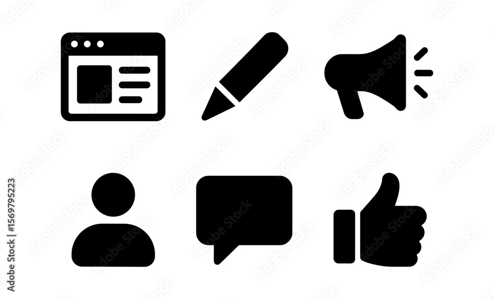 Poster set of simple black icons for communication and online interaction