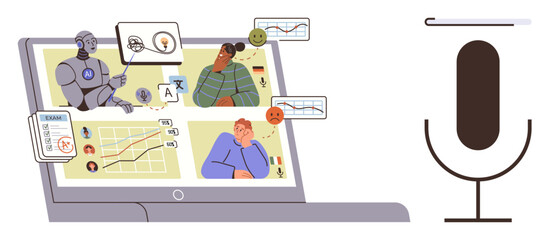 Robot teaching students on laptop via charts, tests, and language tools. Microphone implies voice AI. Ideal for education, AI, language learning, remote work, innovation self-development simple