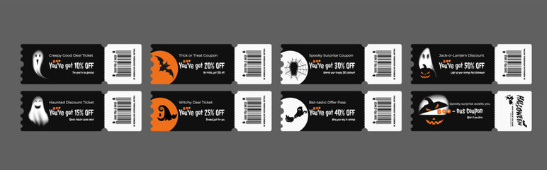 Vector Halloween coupon set with spooky characters — ghosts, bats, pumpkins, barcode elements, sale percentages, dark background, cartoon flat style