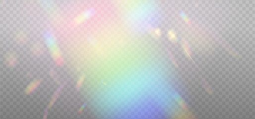 Colorful spots of reflected sunlight. Rainbow reflection light prism effect on light background. Hologram glass dispersion, crystal flare leak shadow overlay. Vector illustration