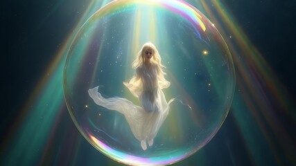 In a serene, dreamlike scene, a luminous figure is emerging from a shimmering bubble, surrounded by ethereal light beams and sparkling stars. 3D, 4K.