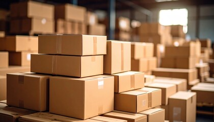 Fototapeta premium Warehouse Inventory: A neatly organized stack of cardboard boxes ready for distribution, capturing the efficiency and scale of the warehouse, essential for logistics and storage.