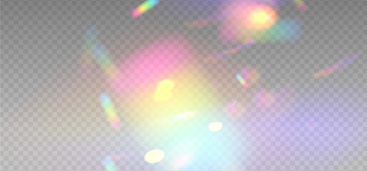 Rainbow light prism effect layer, transparent overlay background. Hologram bright reflection, crystal flare imposition. Vector realistic illustration with mesh gradients. © LanaSham
