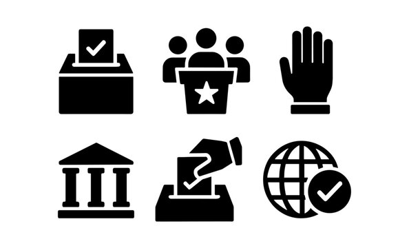 Election icons: ballot, candidate, voting hand, government, global participation