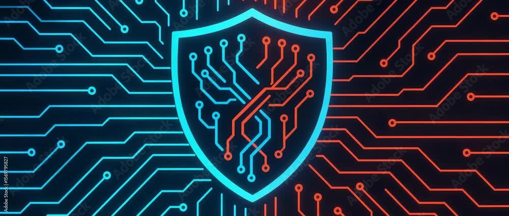 Aufkleber a digital shield symbolizing cybersecurity, surrounded by intricate circuit patterns in blue and red
