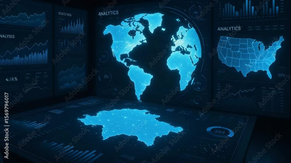 Poster futuristic data analytics display featuring glowing world and regional maps