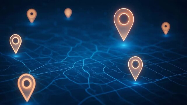 A digital illustration showcasing multiple location pins on a blue map background, perfect for representing navigation, geolocation, and location-based services in technology.