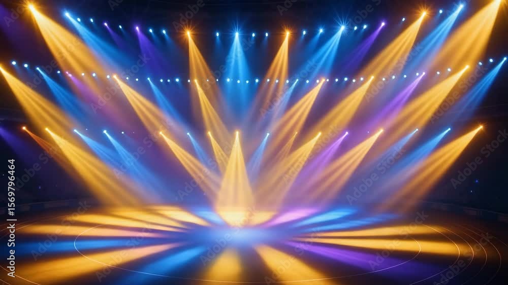 Poster a vibrant display of colorful stage lights illuminating a performance area. these lights create a dy
