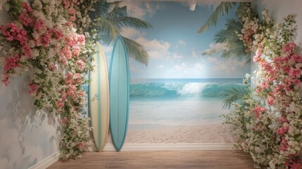 Tropical beach scene backdrop with surfboards and floral arrangements