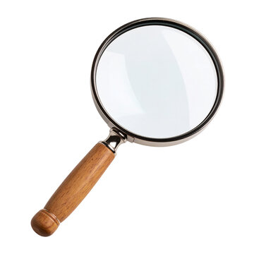 Wooden-handled magnifying glass revealing details, magnifying investigative process against transparent background
