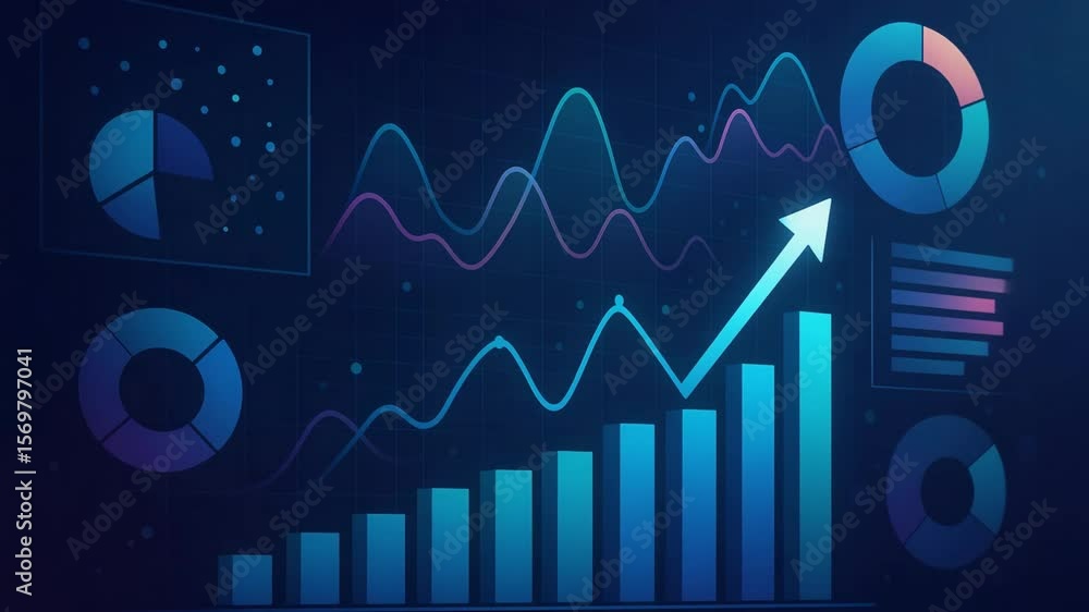 Poster a modern digital illustration showcasing dynamic growth and trends, with bar charts, line graphs, an