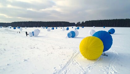 Colorful Inflatable Spherical Objects Spread Across Vast Snowy Winter Field with Forest Background