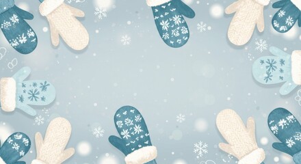 Winter mittens and snowflakes frame on light blue background with copy space