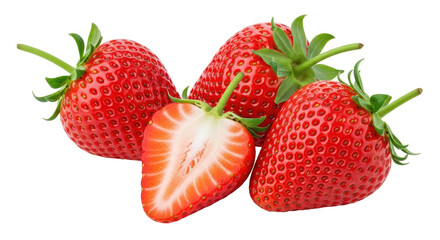 Isolated Three Strawberries, One Halved