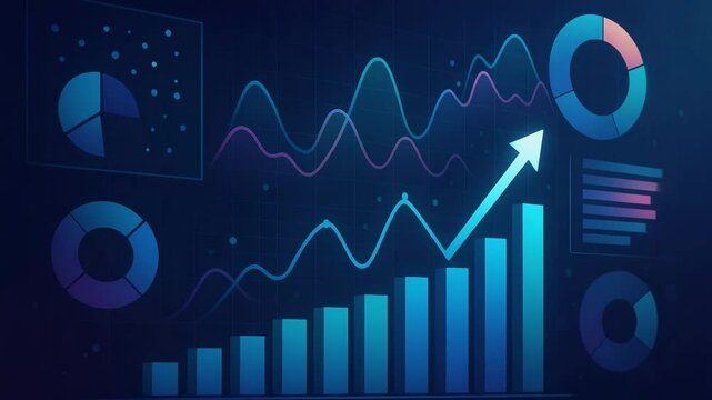 A modern digital illustration showcasing dynamic growth and trends, with bar charts, line graphs, and data visualizations representing performance analytics and business success.