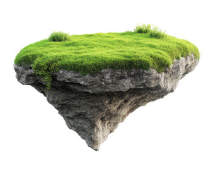Floating island with lush green grass and rocky base