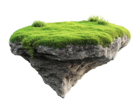 Floating island with lush green grass and rocky base