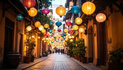 Colorful Traditional Lanterns Glowing Over a Charming Cobblestone Street at Night