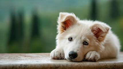 Playful white puppy relaxing on a table outdoor scenic environment pet photography peaceful nature background close-up perspective adorable canine concept
