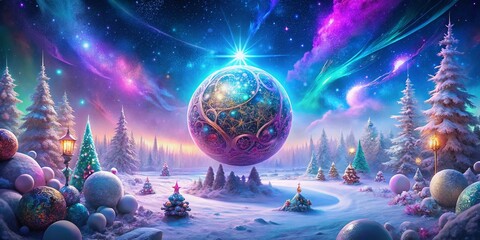 Surreal Christmas Ornament: Festive Dreamscape with Starry Night and Glittering Baubles