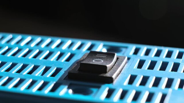 Finger pushes on KCD1-101 6c Rocker Switch electrical component rocker-style actuator for on off on control. Switch of the botton. Simple durable reliable switching mechanism. High quality 4k footage.
