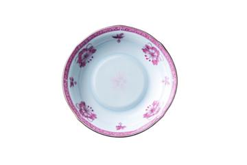 Round porcelain saucer, top view.  Floral design, pink accents on white