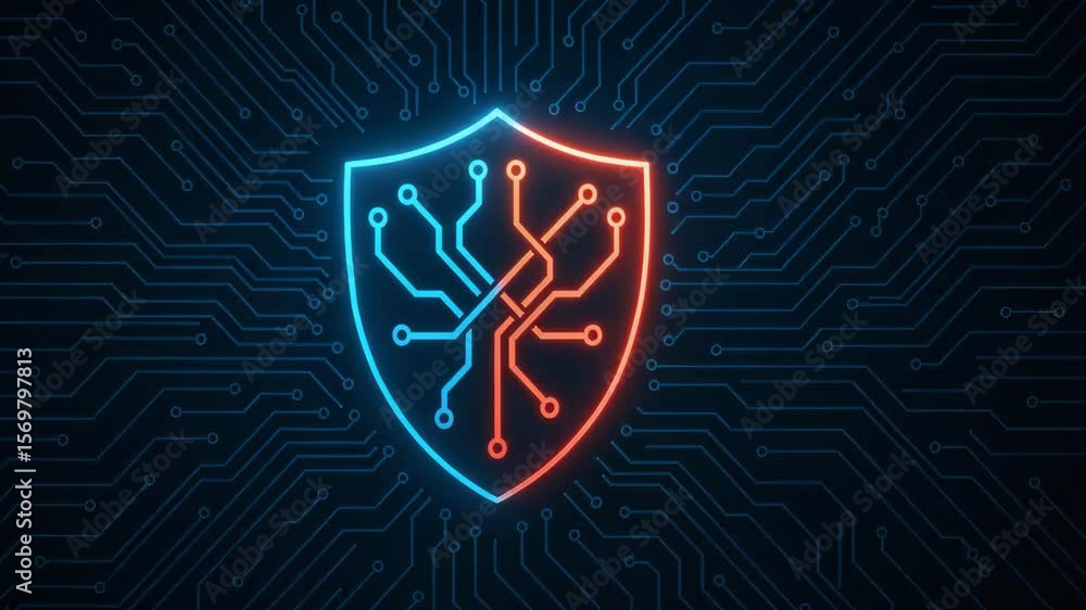 Aufkleber a digital artwork featuring a shield emblem surrounded by intricate circuit patterns, symbolizing cy