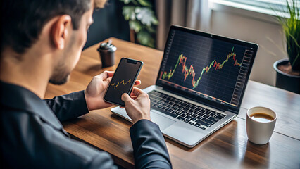 Businessman working on stock market on mobile phone app and laptop at a indoor room, analyzing cryptocurrency financial market using mobile phone and laptop